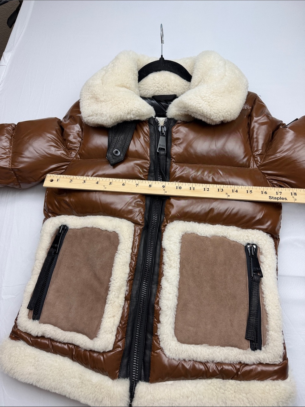 SAM. New York Veronica Shearling-Trimmed Down Biker Puffer Jacket in Cognac - Picture 2 of 16